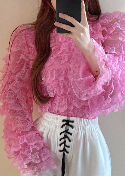 Diy Pink O-neck Patchwork Lace Top Long Sleeve