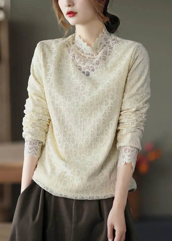 Khaki Clothes Stand Collar Lace Spring Top