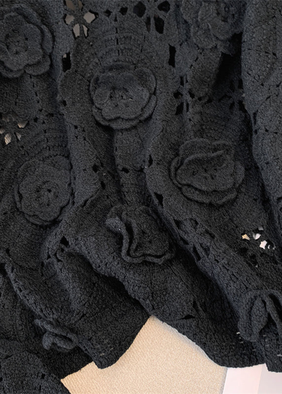 Black Three-dimensional Knit Pullover Hollow Out Fall