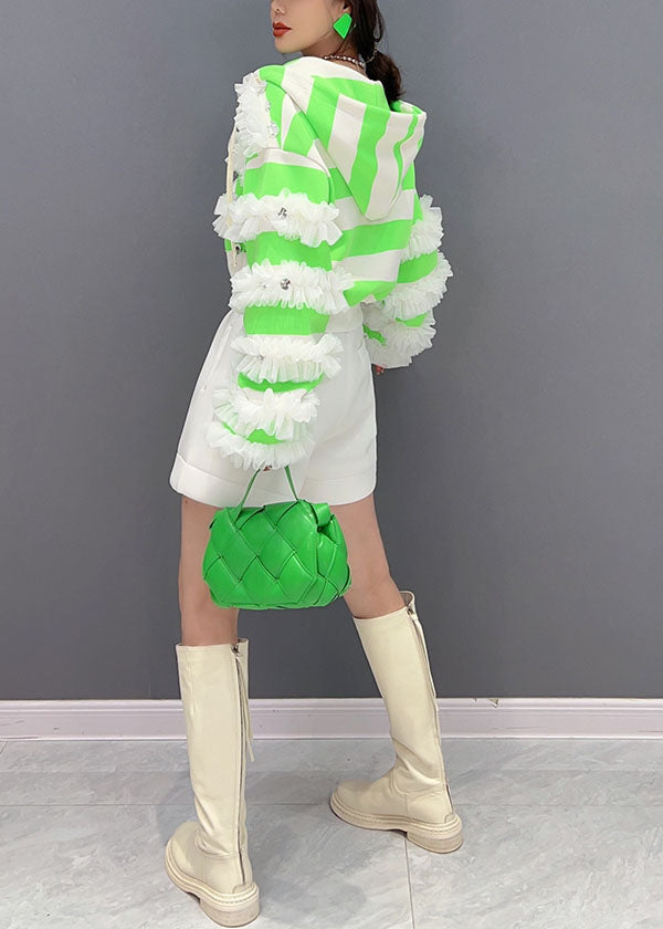Green Ruffled Zippered Cotton Hoodie Coat Spring
