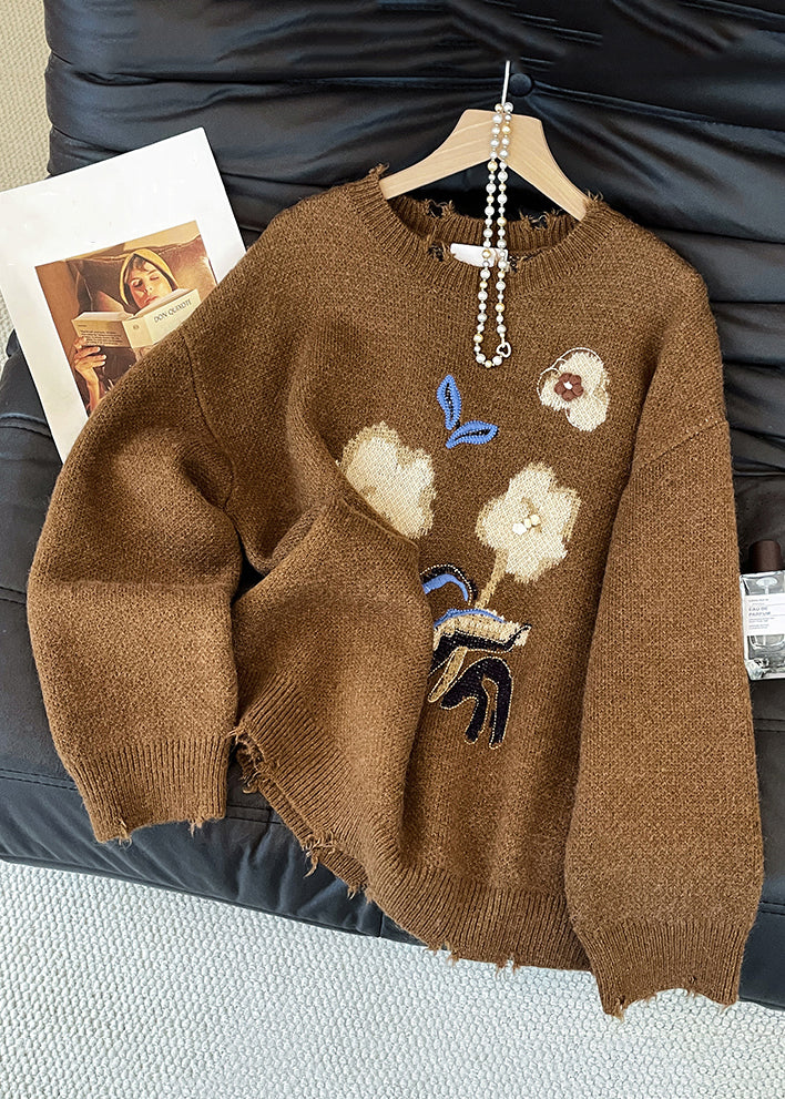 Jacquard Brown Hole Cozy Knit Sweater Spring