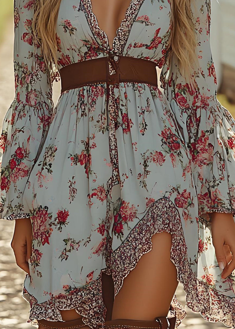 New V Neck Asymmetrical Design Print Cotton Mid Dress Spring