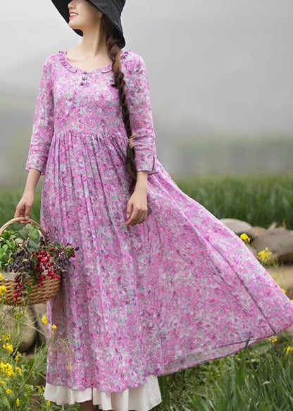Purple Print Quilting Dresses O Neck Ruffles Maxi Summer Dress