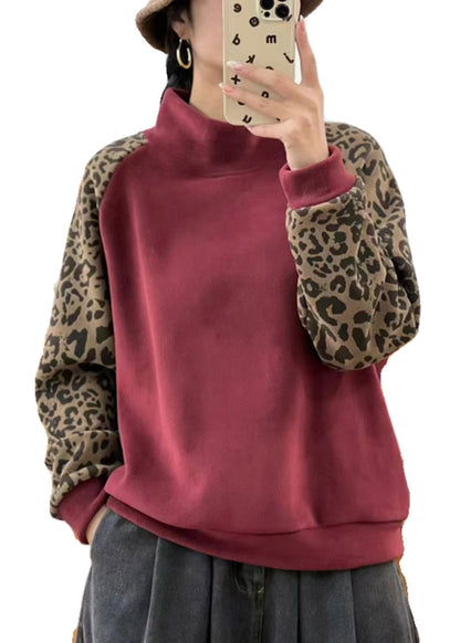 Red Hign Neck Leopard Patchwork Warm Fleece Sweatshirts Top Winter