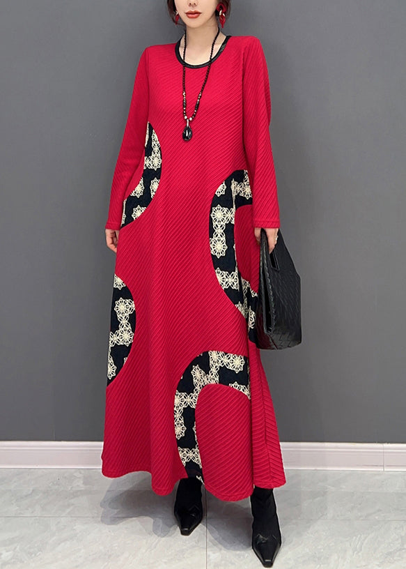 Red O Neck Print Patchwork Knit Long Dress Fall