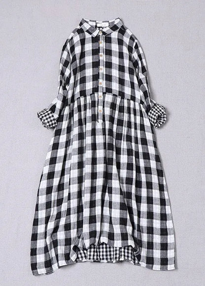 Black White Plaid Peterpan Collar Pockets Button Fall Patchwork Cotton Dresses