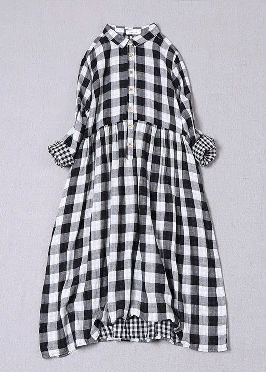 Black White Plaid Peterpan Collar Pockets Button Fall Patchwork Cotton Dresses