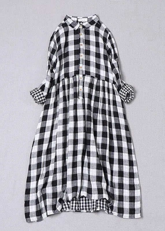 Black White Plaid Peterpan Collar Pockets Button Fall Patchwork Cotton Dresses