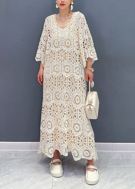 Simple Apricot O-neck Hollow Out Knit Maxi Dress Long Sleeve Summer
