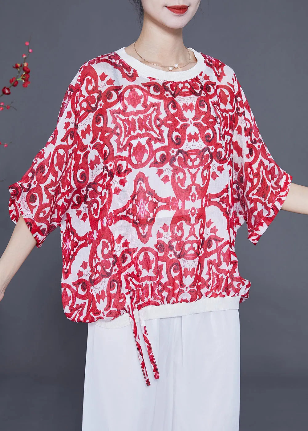 Red Oversized Print Drawstring Cotton Tanks Batwing Sleeve