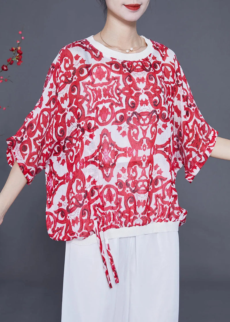 Red Oversized Print Drawstring Cotton Tanks Batwing Sleeve
