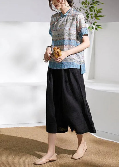 Grey Blue Print Chinese Style Summer Ramie Short Sleeve Shirts