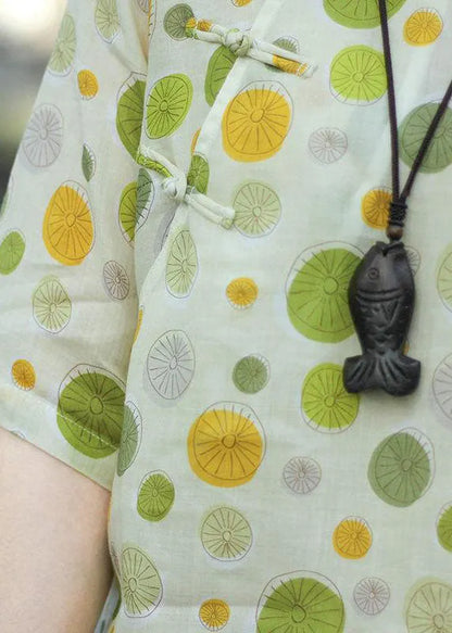 Green Button O-neck Dot Print Tops Half Sleeve