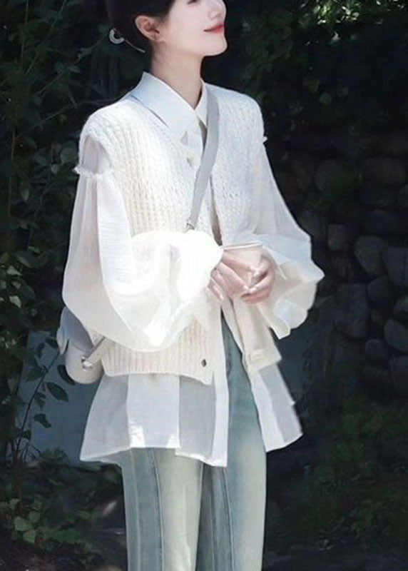 White Hollow Out Knit Cardigans and Shirts Two Pieces Set Long Sleeve