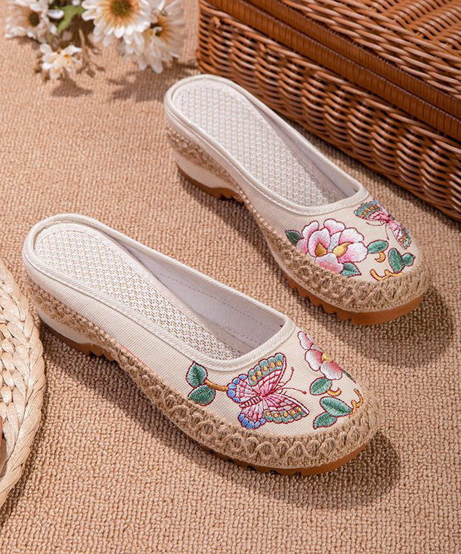 Beige Butterfly Embroideried Splicing Linen Fabric Slide Sandals