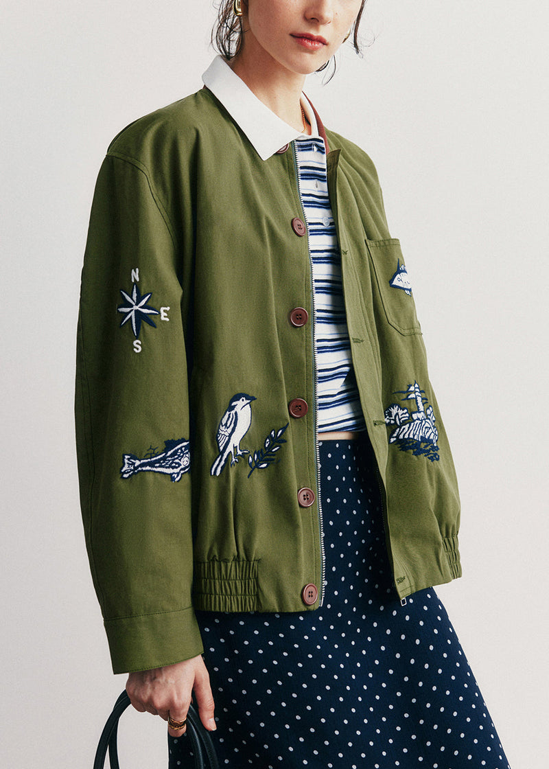 Green Embroidered Pockets Button Cotton Jacket Fall