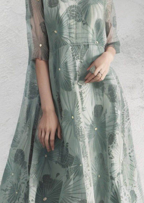 Fine Green U Neck Print Loose Silk Long Dresses Summer