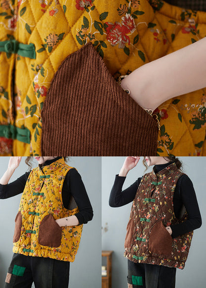 Yellow Chinese Button Print Pockets Cotton Filled Waistcoat Spring