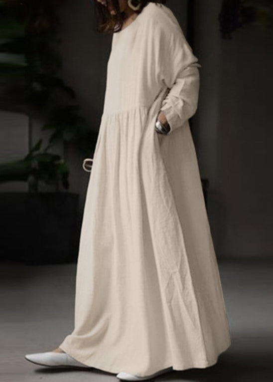 Loose White O Neck Cotton Maxi Dress Long Sleeve Fall