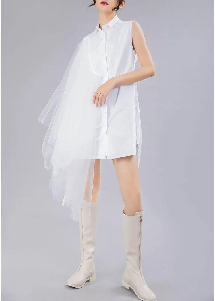 Style White Patchwork Lace Asymmetrical Design Cotton Shirt