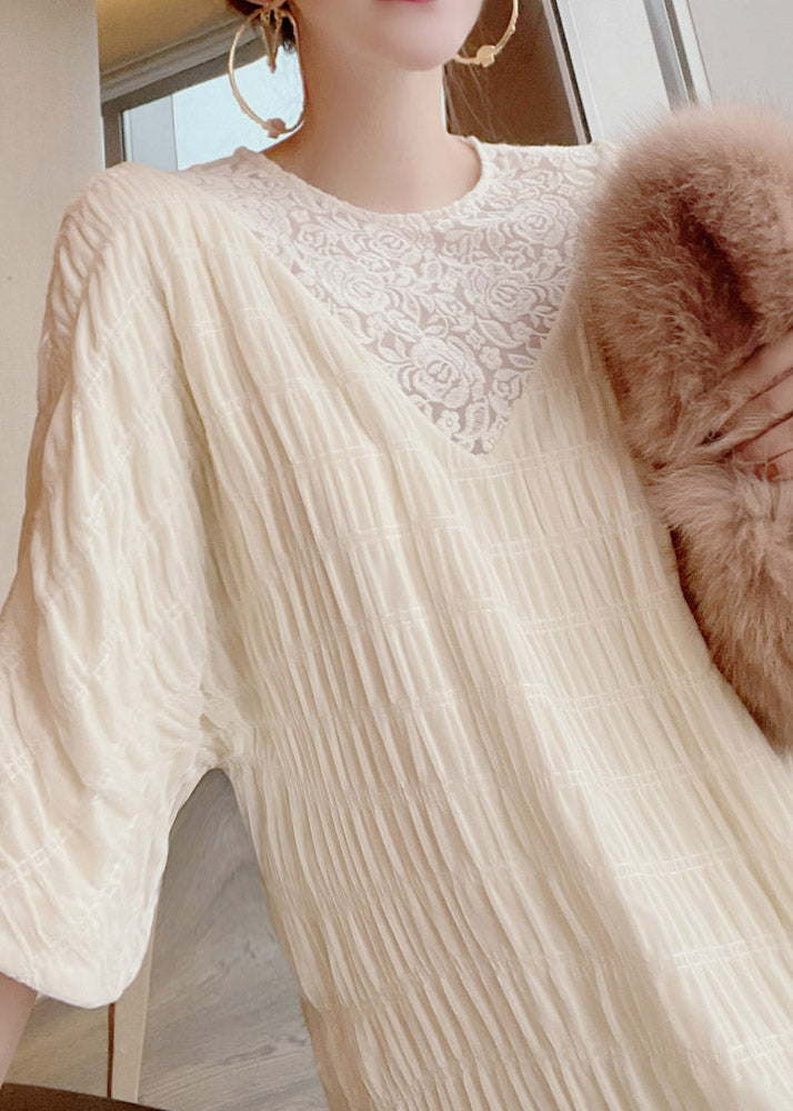 French Apricot O-neck Lace Patchwork Silk Maxi Dresses Long Sleeve Summer