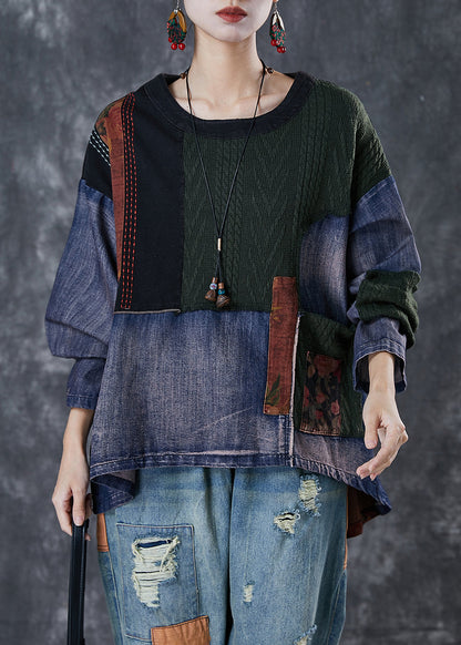 Navy Patchwork Denim Shirt Asymmetrical Oversized Spring
