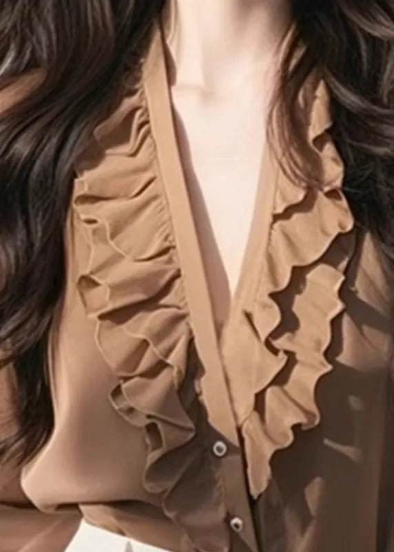 Coffee V Neck Ruffled Top Fall