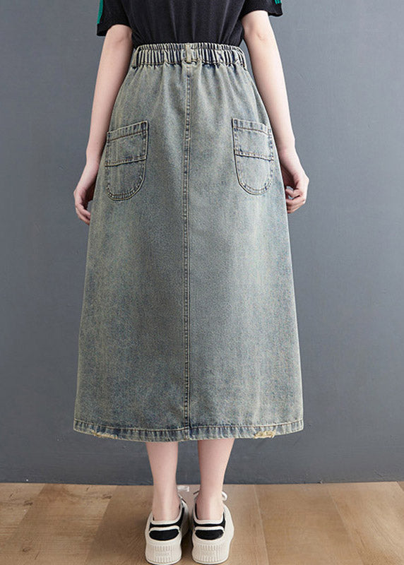 Denim Blue Hole Elastic Waist a Line Skirts Summer