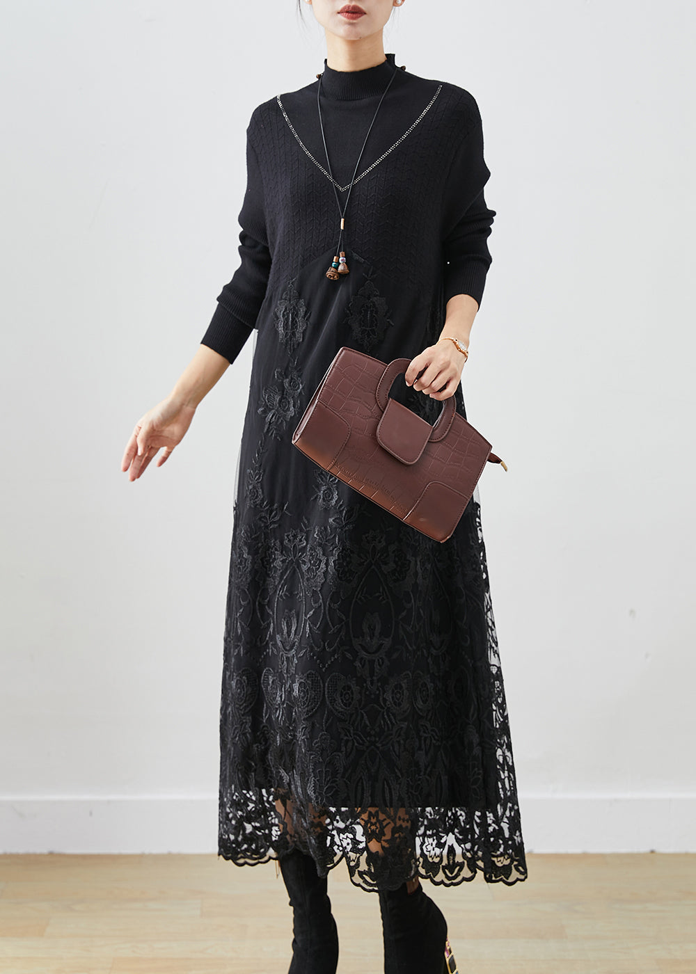 Handmade Black Embroideried Patchwork Knit Dress Fall