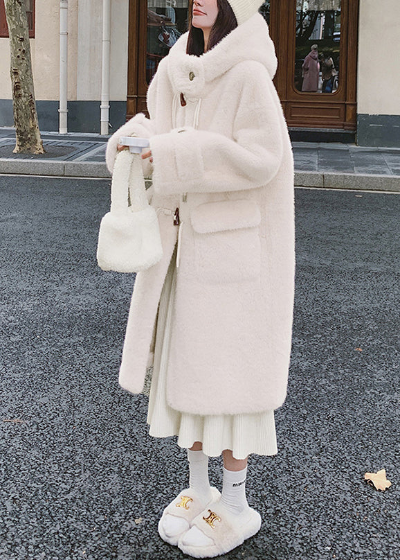White Hooded Pockets Mink Velvet Coats Spring