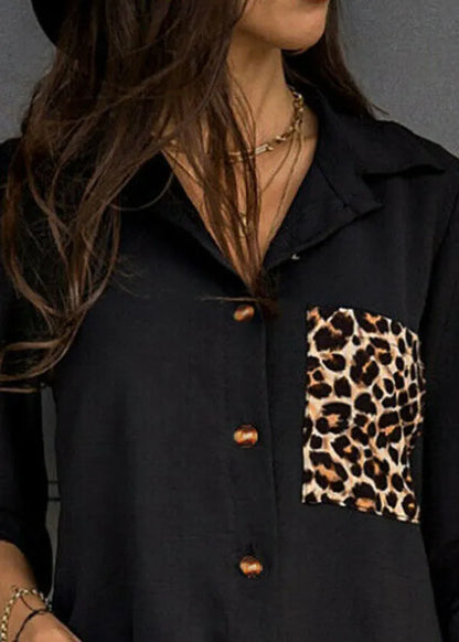 Black Peter Pan Collar Leopard Print Cotton Blouse Tops Long Sleeve