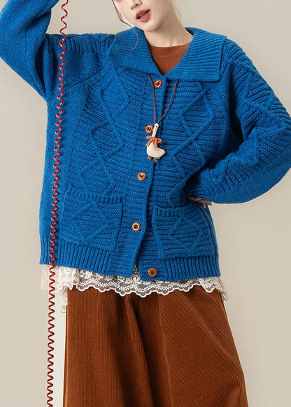 Art Blue Peter Pan Collar Pockets Cable Knit Loose Coat Winter