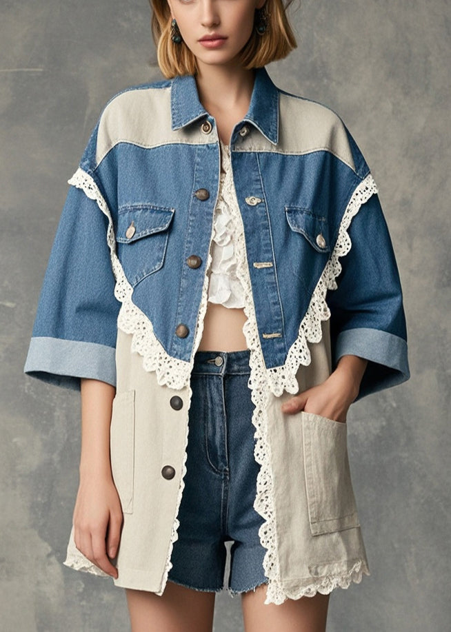 Modern Colorblock Oversized Lace Patchwork Denim Coat Half Sleeve