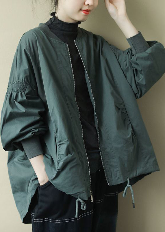Organic Green O-neck Zip Up Low High Design Coat Long Sleeve