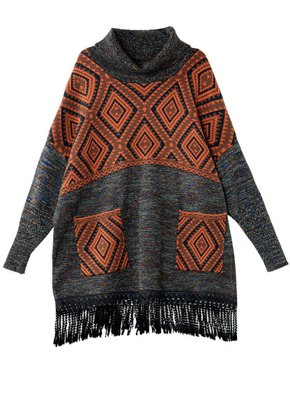Orange Tasseled Patchwork Knit Dress Spring