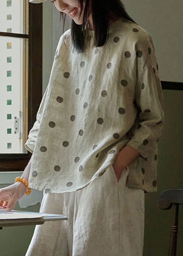 O Neck Dot Jacquard Linen Blouse Tops Bracelet Sleeve
