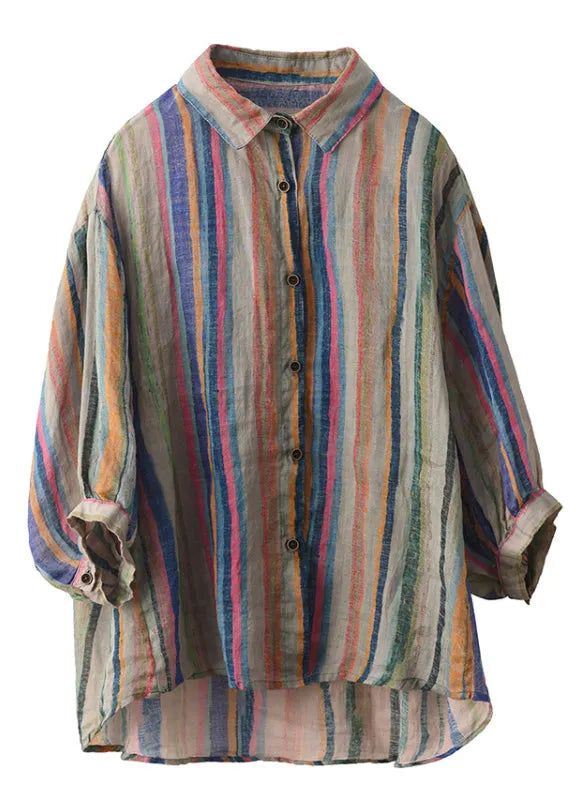 Green Stripe Button Linen Shirt Peter Pan Collar Fall