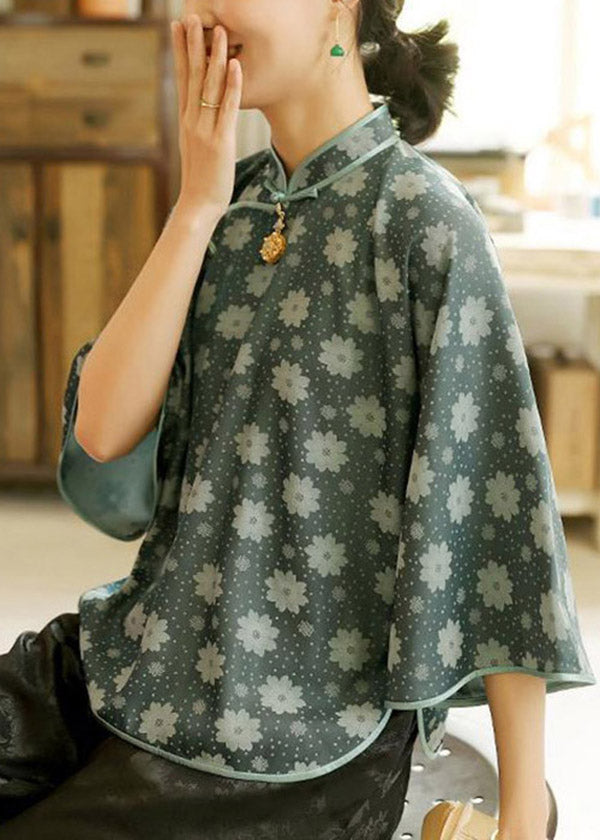 Ink Blue Mandarin Collar Jacquard Silk Shirt Top Three Quarter Sleeve
