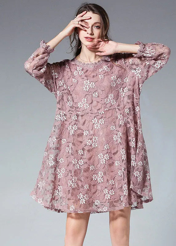 Handmade Red Patchwork O-neck Fall Lace Dress