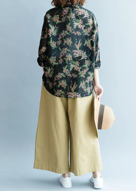 Black Print Button Linen Shirt Tops Spring