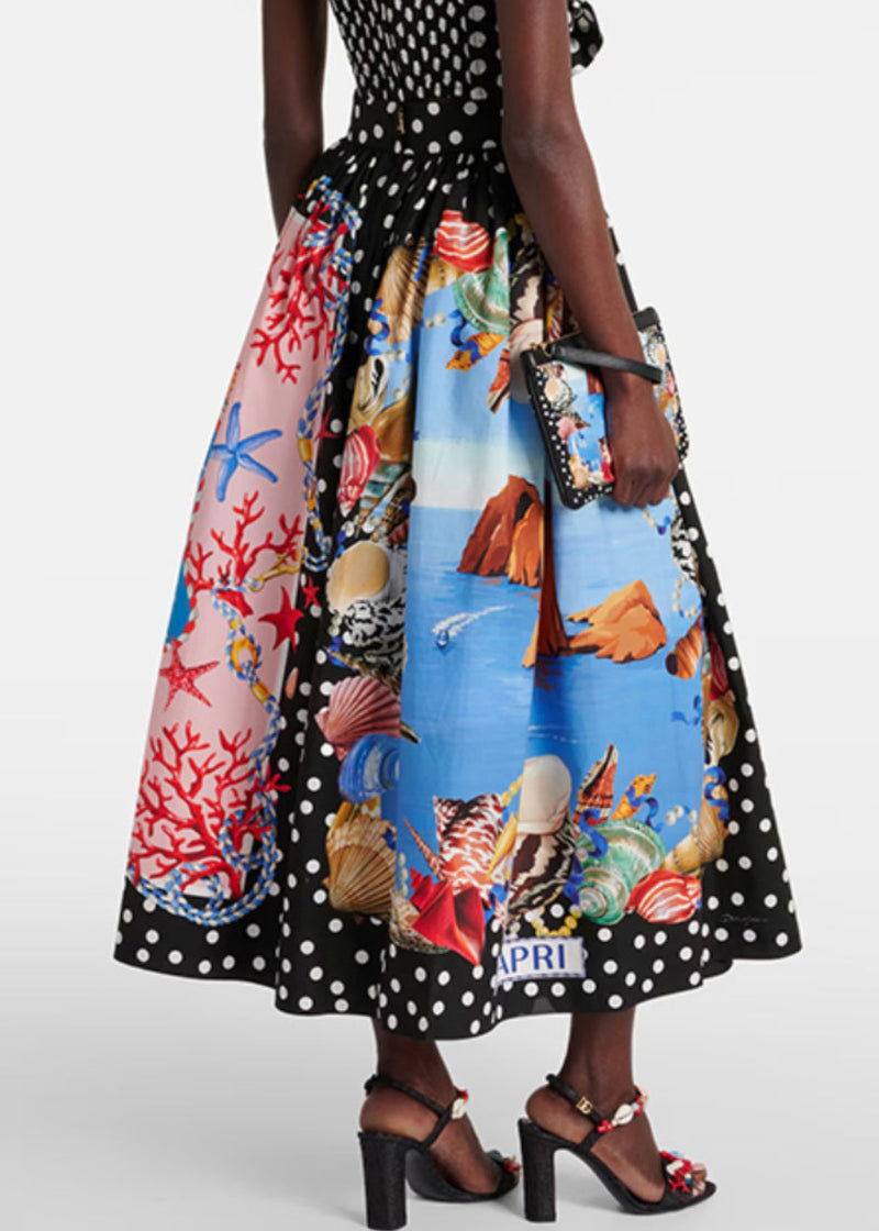 Black Dot Print Pockets Cotton Skirts Summer