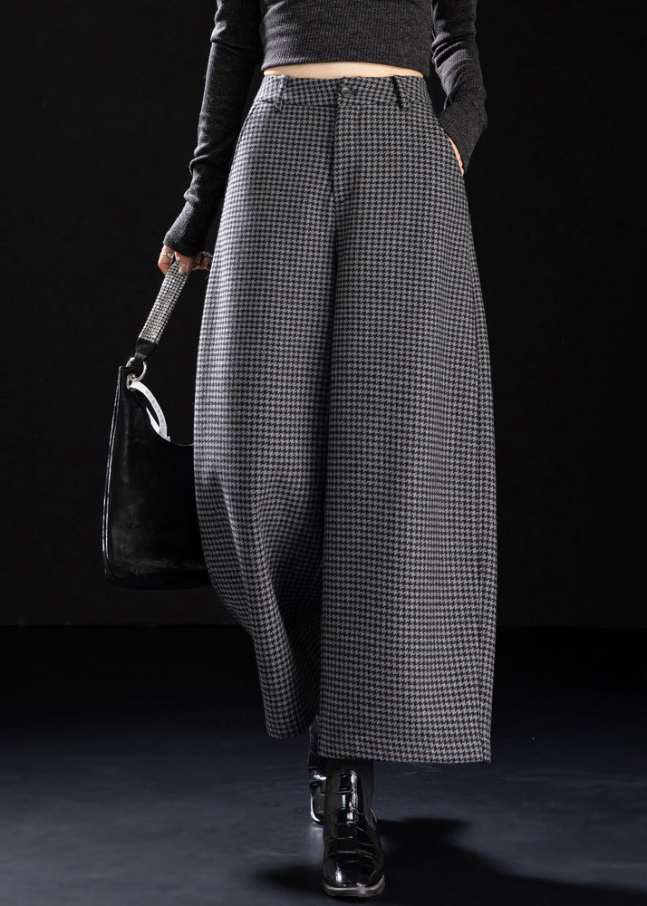 Fitted Grey Plaid Warm Fleece Wide Leg Pants Spring