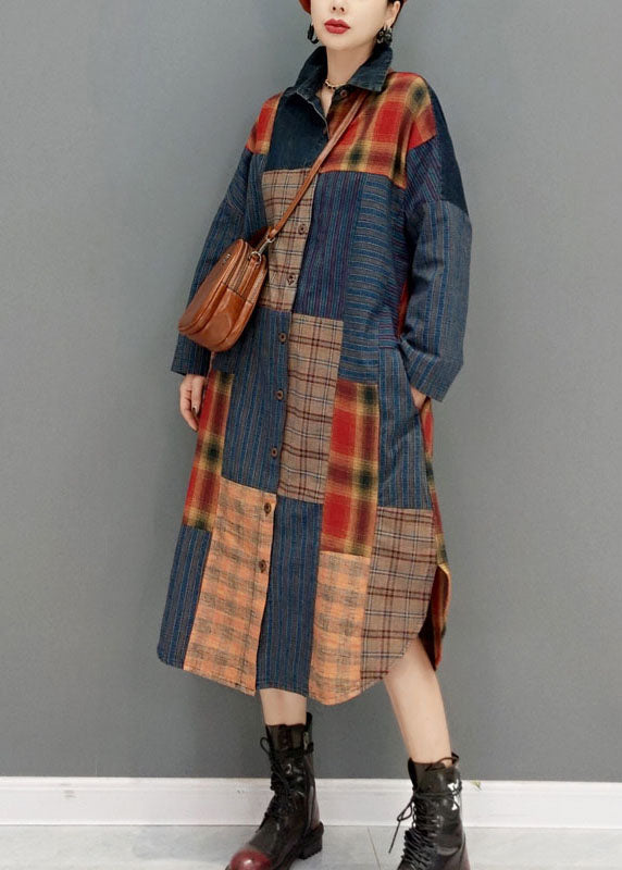 Colorblock Button Side Open Peter Pan Collar Patchwork Plaid Coats Spring