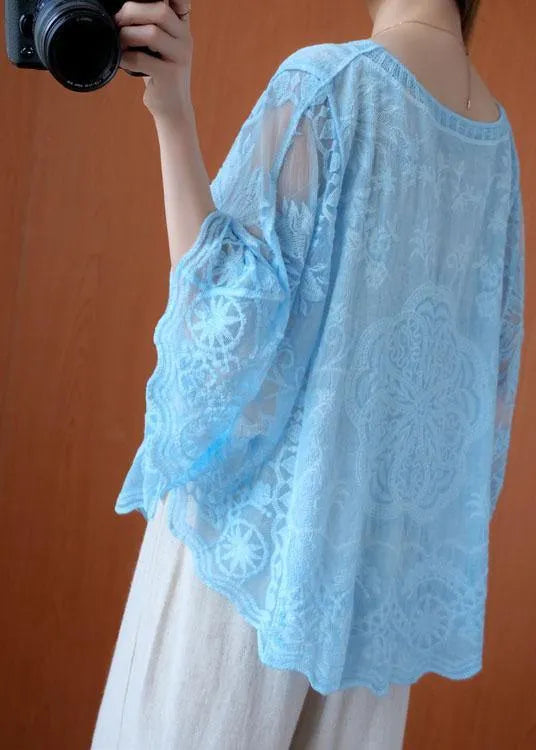 Blue Loose V Neck Summer Bat Wing Sleeve Shirts
