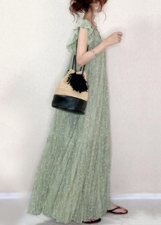 Green O-neck Ruffled Print Holiday Long Dress Summer