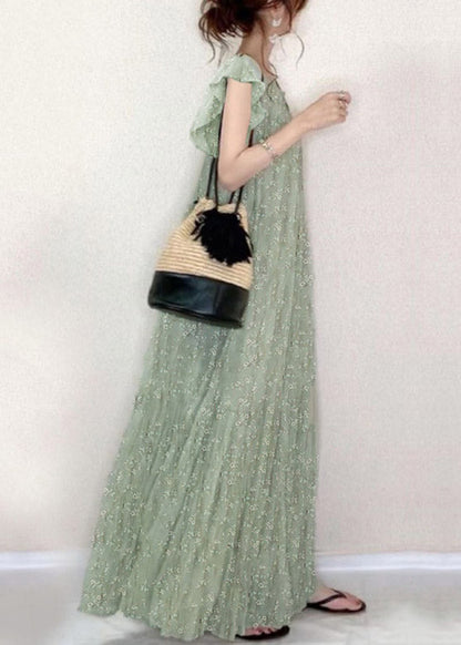 Green O-neck Ruffled Print Holiday Long Dress Summer