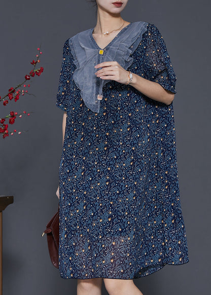 Navy Peter Pan Collar Print Chiffon Maxi Dresses Summer