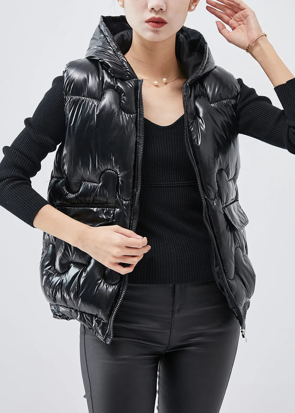 Black Hooded Fine Cotton Filled Vests Winter