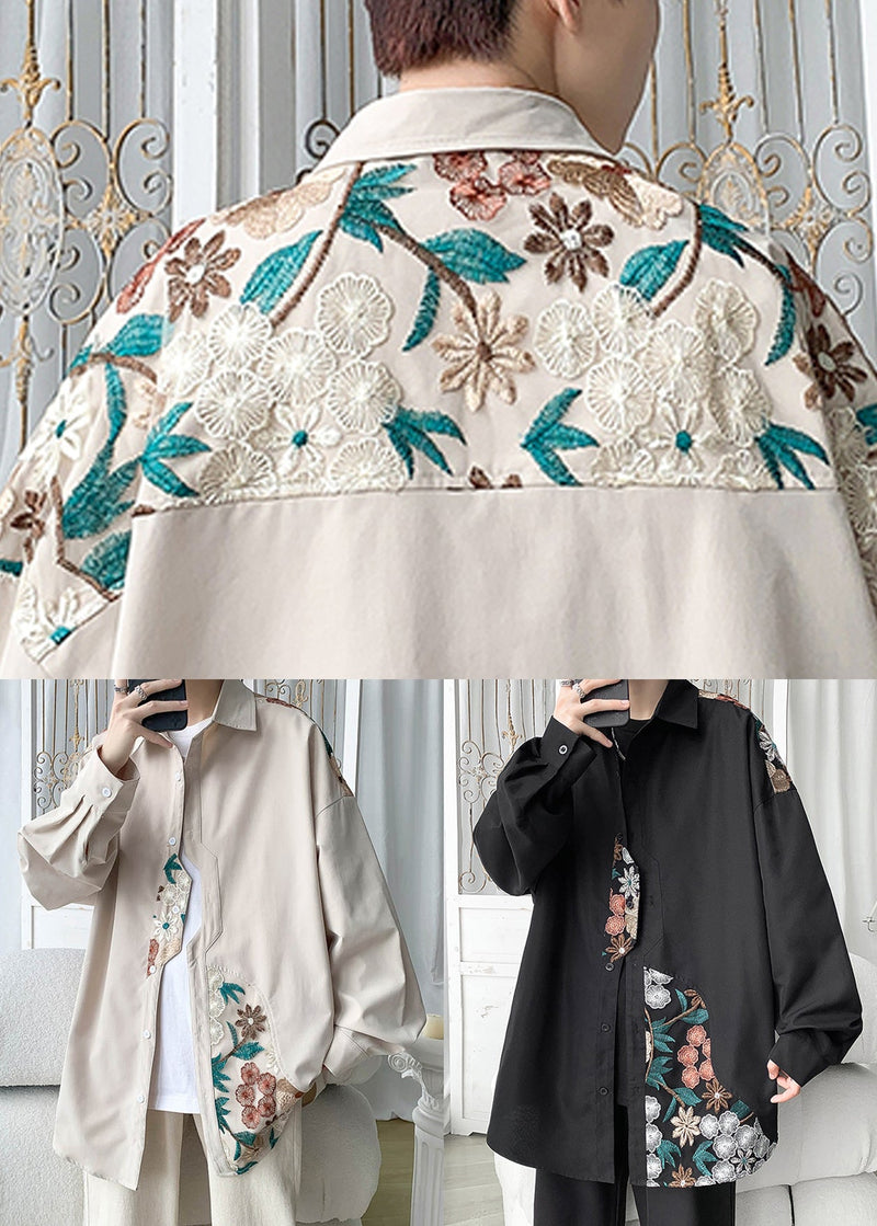 Beige Embroidered Button Cotton Neutral Coats Spring