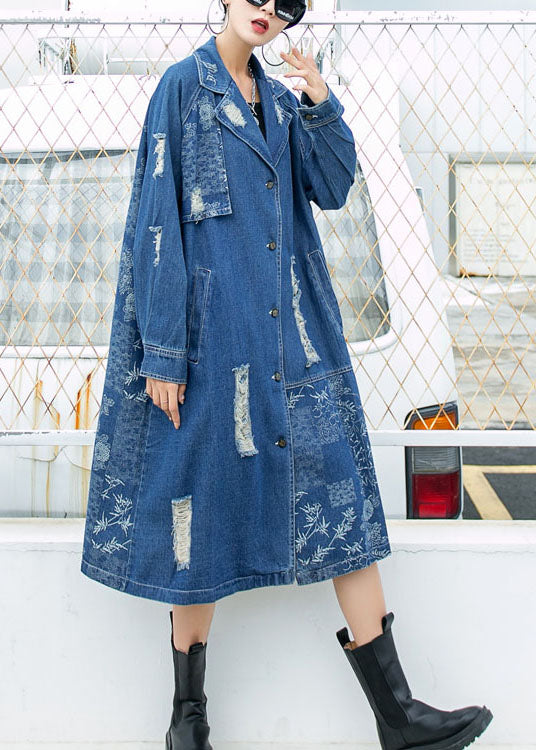 Blue Peterpan Collar Button Pockets Print Hole Fall Long Sleeve Trench Coat